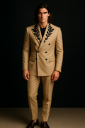 Beige Double-Breasted Suit with Black Leaf Hand Embroidery | P&H BY PRIYANSHU