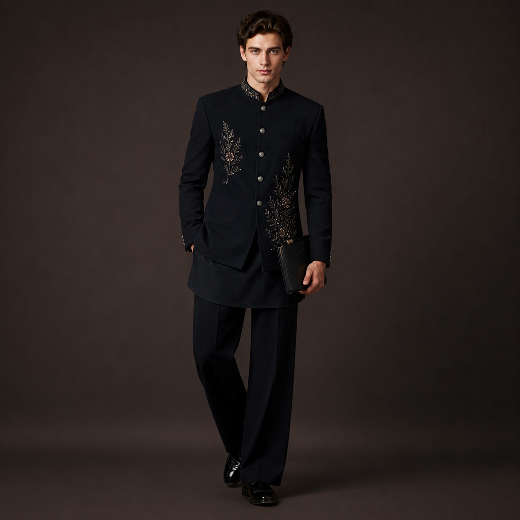 Luxury Black Indo Western Jodhpuri Suit for Men | Hand Embroidered Kurta & Bootcut Pants