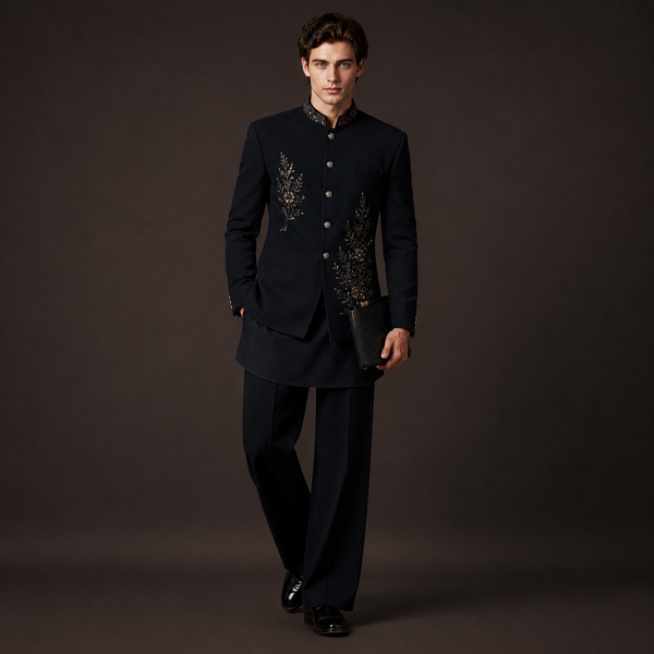 Luxury Black Indo Western Jodhpuri Suit for Men | Hand Embroidered Kurta & Bootcut Pants