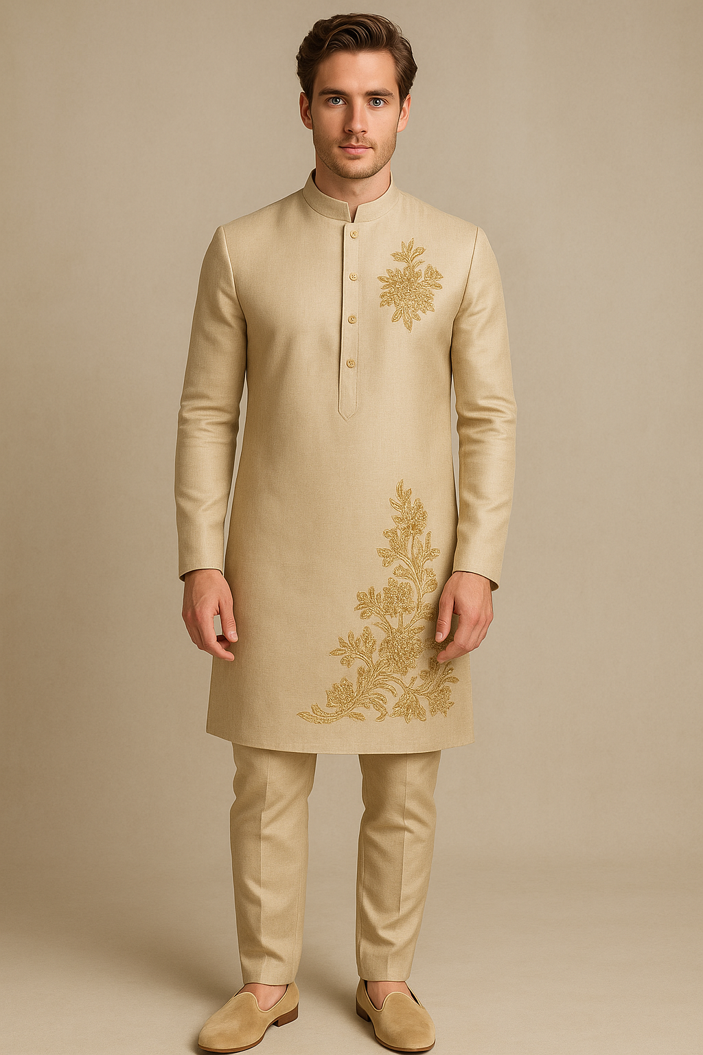 Man wearing a beige embroidered kurta with gold patterns on a beige background