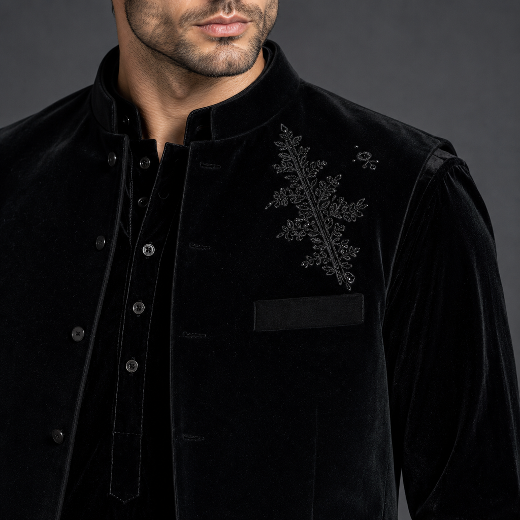 Luxury Black Velvet Open Jodhpuri Jacket | Silver Embroidered Kurta Jacket with White Trousers