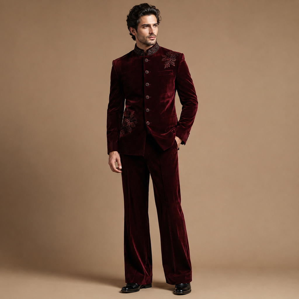 Luxury Dark Maroon Wine Groom Jodhpuri Suit | Hand Embroidered Wedding & Engagement Suit with Matching Pants