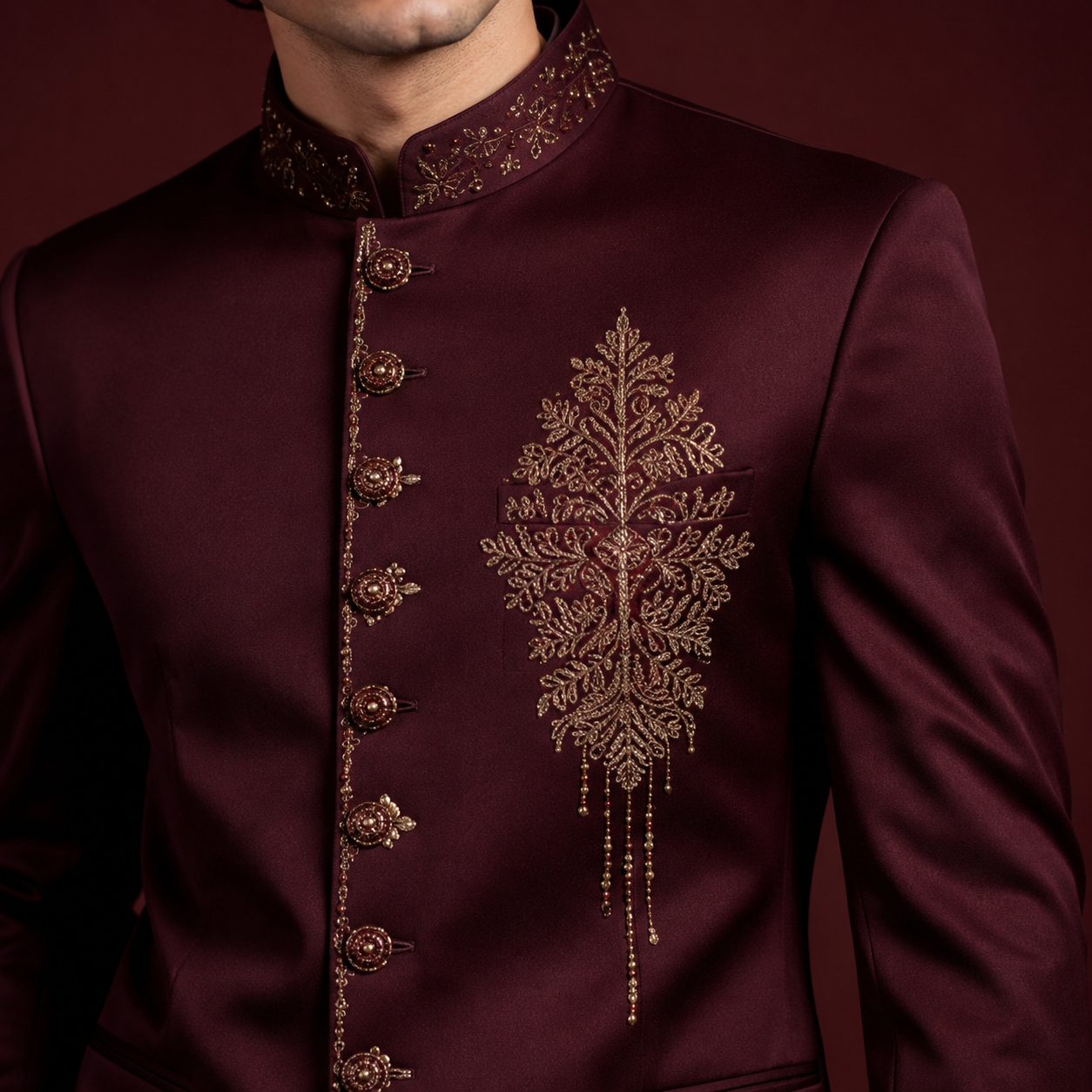 Luxury Maroon Jodhpuri Suit for Men | Hand Embroidered Gold Bandhgala Wedding Suit