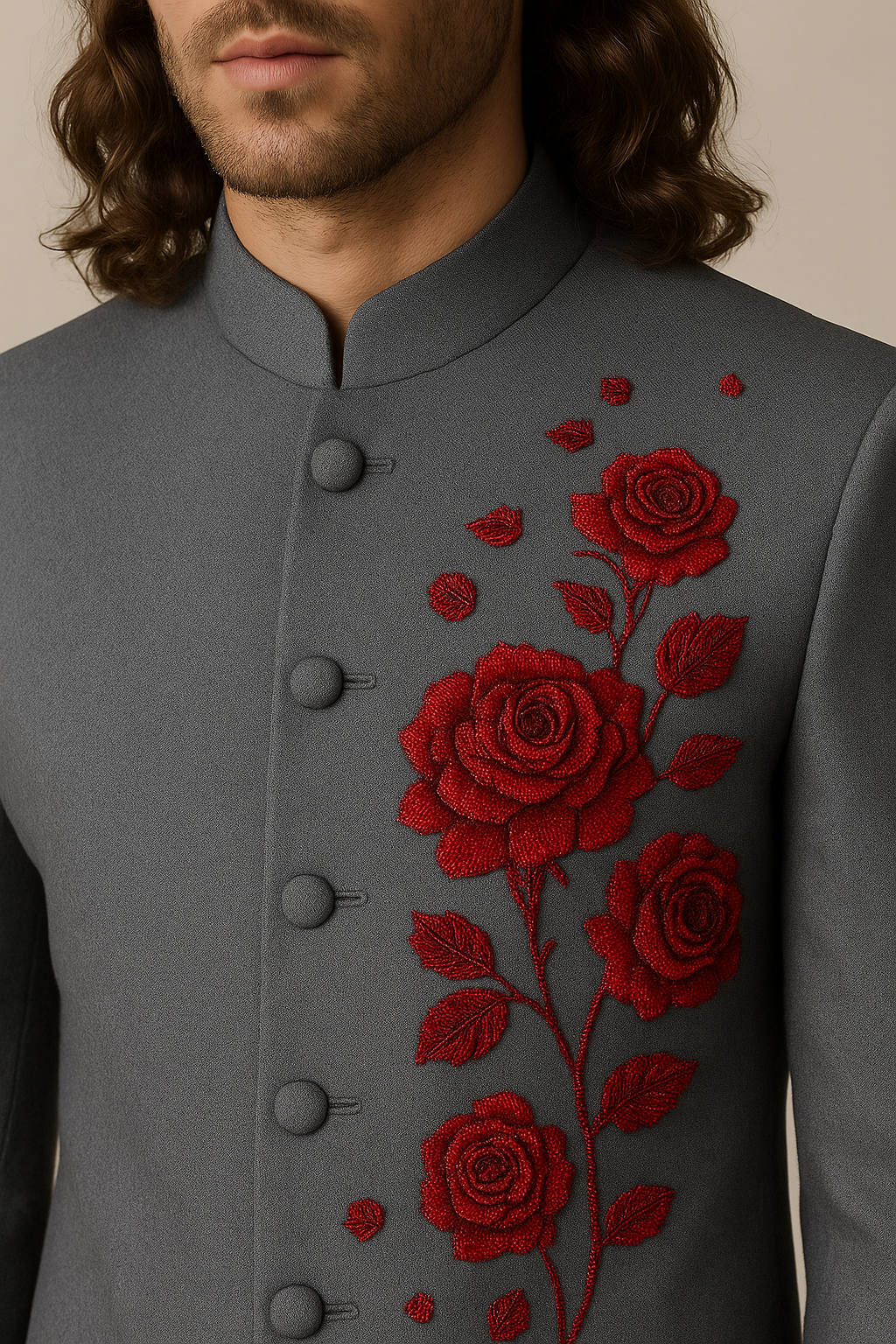Gray jacket with red floral embroidery on a neutral background