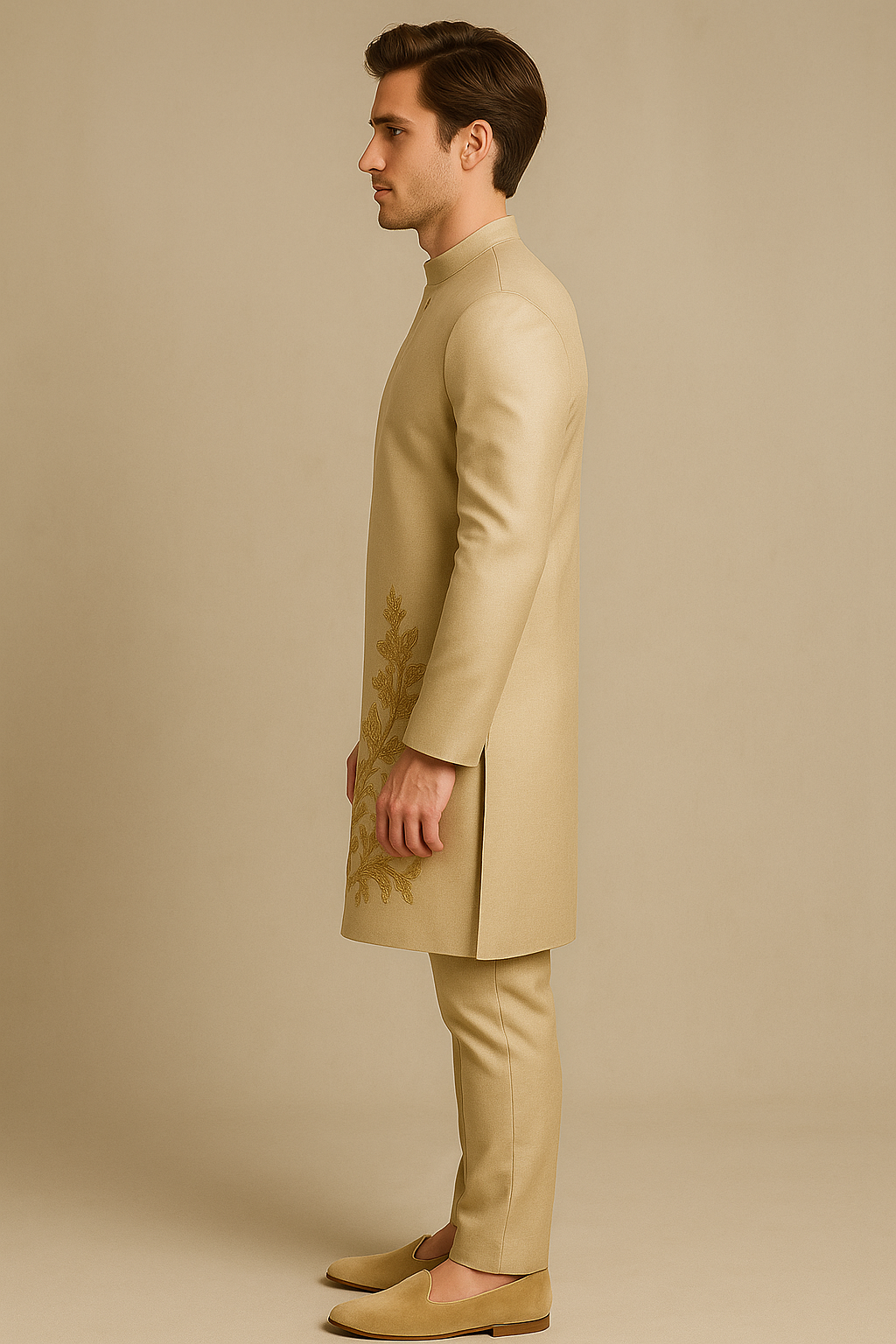 Beige Kurta with Gold Embroidery Patterns | P&H BY PRIYANSHU