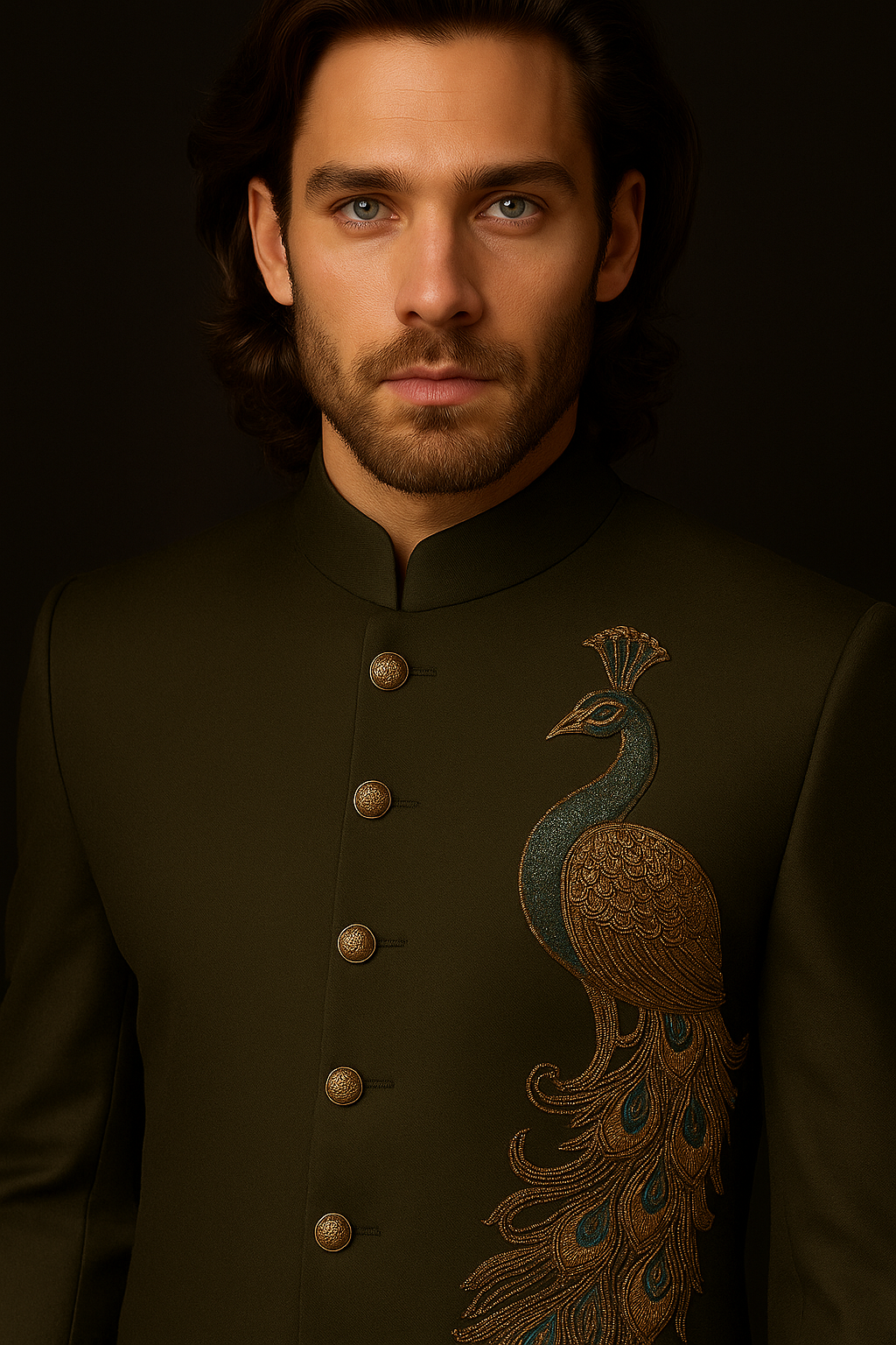 Man wearing a dark green embroidered jacket with a peacock design on a black background