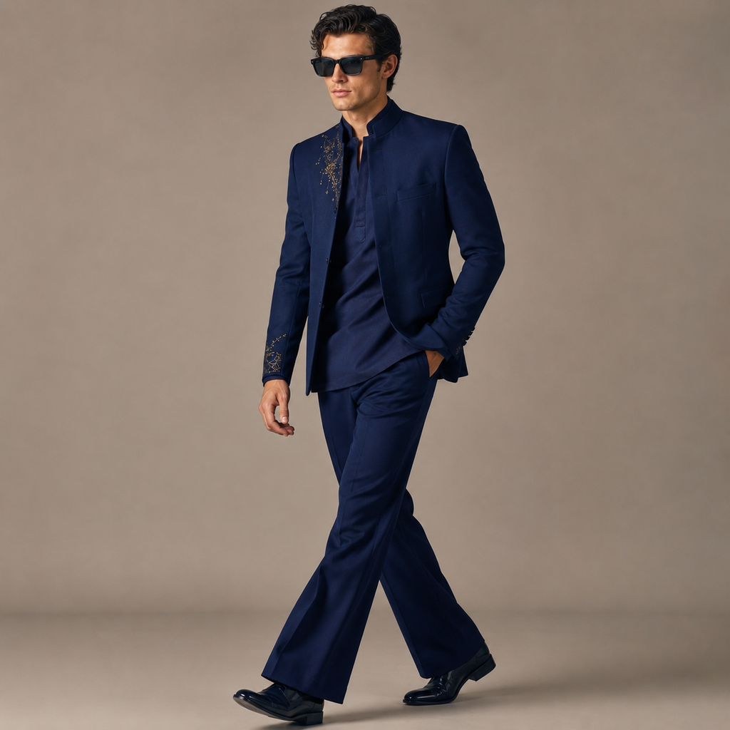 Luxury Dark Navy Blue Open Jodhpuri Kurta Set | Gold Embroidered Jacket & Matching Pants