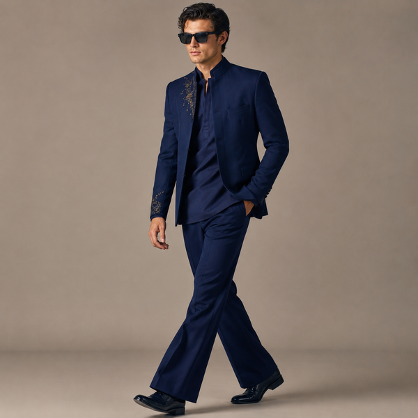 Luxury Dark Navy Blue Open Jodhpuri Kurta Set | Gold Embroidered Jacket & Matching Pants