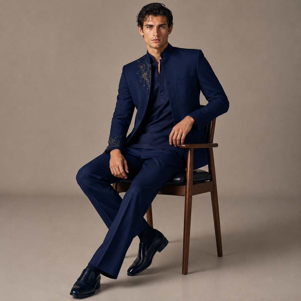 Luxury Dark Navy Blue Open Jodhpuri Kurta Set | Gold Embroidered Jacket & Matching Pants